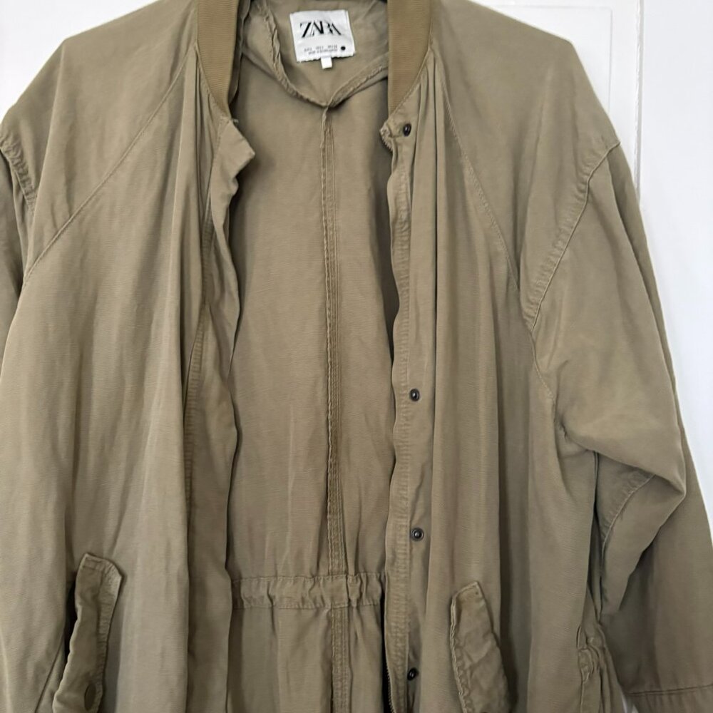 Zara Longline Cotton Trench Coat Utility Military Green